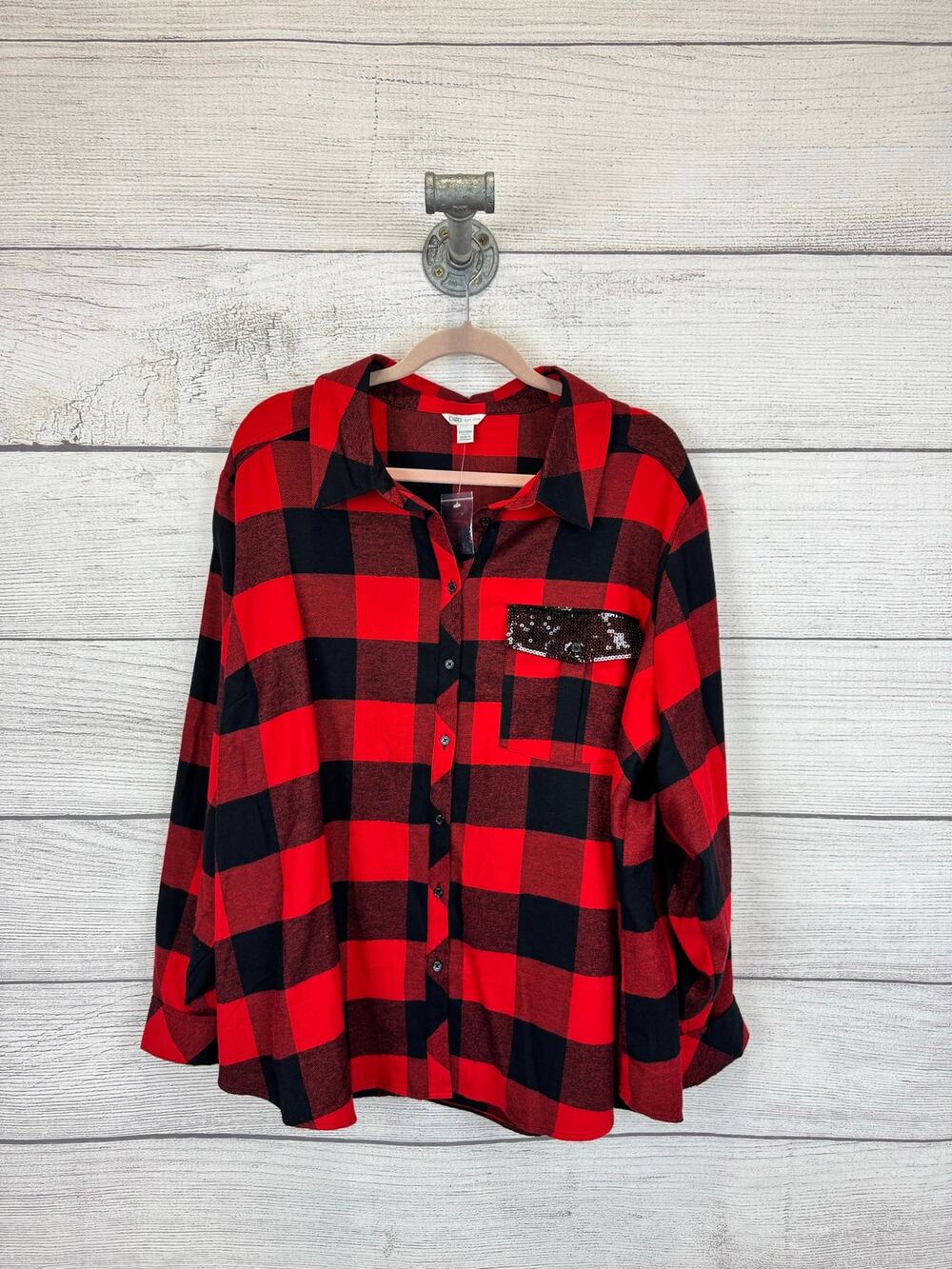 Cato Plus Size Red/Black Plaid Button Up Flannel Top Size 26/28W